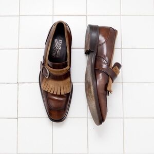 Salvatore Ferragamo 'Charm' Monk Strap Shoes Tassel Brown Loafers‎ Size 8.5 D